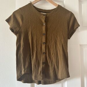 Madewell Brown Ribbed Button Down Short Sleeve Top
